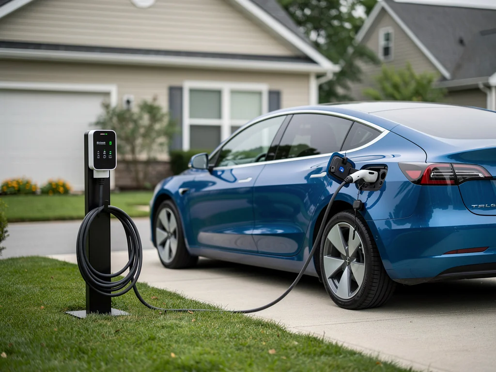 Voiture électrique bleue en charge sur une borne compacte dans une allée de maison
