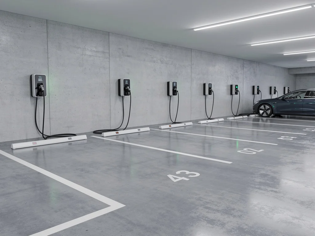Bornes de recharge alignées dans le parking souterrain d'une copropriété, places numérotées